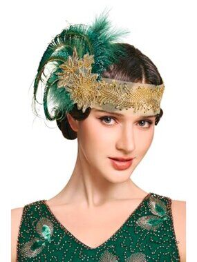 Feather Flapper Headpiece Beaded Sequin Headband 1920s Gatsby Costume Accessory